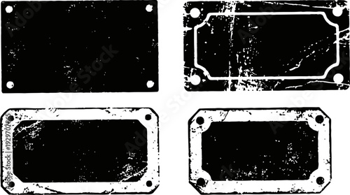 Vintage metal nameplates set with grunge scratched distressed texture and aged worn edges