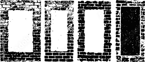 Set of vintage distressed rectangular brick wall frames in black and white grunge textures