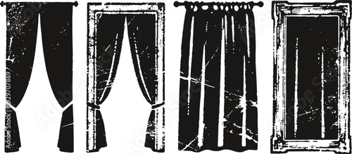 Set of four vintage black and white curtain and window frame silhouettes with distressed texture