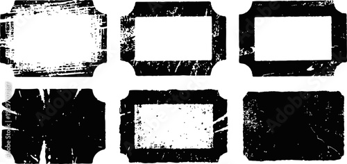 Collection of six black vintage distressed rectangular frames with rough grunge texture
