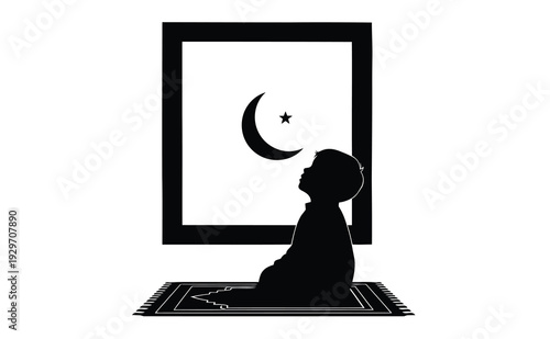 A silhouette of a young boy is shown reverently kneeling on a prayer mat, looking upwards towards a framed image of a crescent moon and a star.