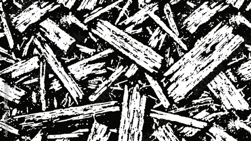Wooden chips texture black and white close up abstract natural wood mulch background pattern and surface detail
