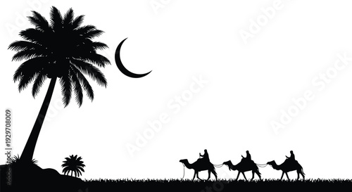 A serene silhouette of three riders on camels traversing a desert landscape with prominent palm trees and a beautiful crescent moon in the sky.