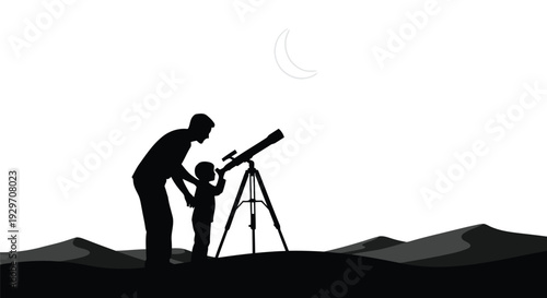 A captivating silhouette of a father and child bonding while observing a distant crescent moon through a telescope in a vast desert landscape.