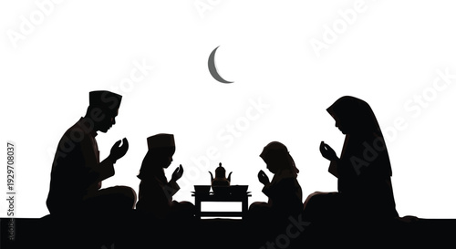 A heartfelt silhouette of a Muslim family, including parents and two children, devoutly praying together around a small table under a gentle crescent moon.