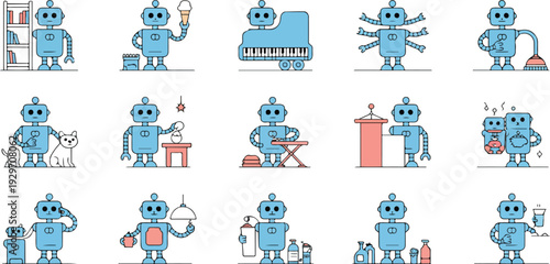 Robot Performing Human Activities Vector Set Featuring Music, Cleaning, Working, Learning, and Daily Life Tasks Flat Cartoon Illustration for Technology, Education, and Kids Projects