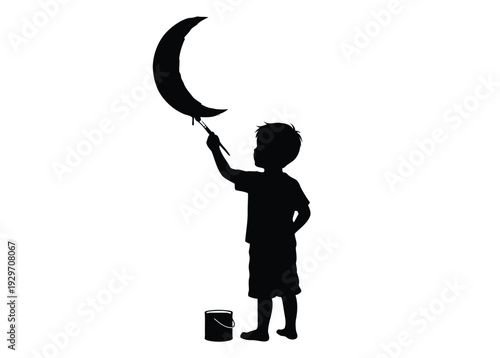 A playful silhouette of a young child creatively painting a large crescent moon with a brush, standing next to a small paint bucket.