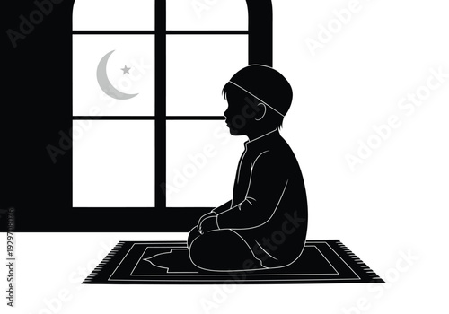 A serene silhouette of a young Muslim boy humbly praying on a prayer mat beside a window, where a subtle crescent moon is visible in the night sky.