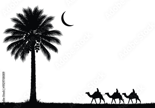 A striking silhouette of a towering date palm tree and three camel riders traversing a desert under the watchful gaze of a crescent moon.
