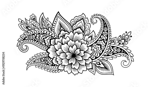 Black and white paisley flower motif vector ornamental ethnic floral illustration