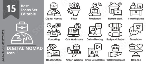 Digital Nomad icon set. Contains remote work, laptop travel, coworking spaces, beach workspace, freelancing, online meetings, productivity tools, and careers Editable outline vector illustration.