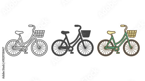 Bicycle Set with Baskets in Various Styles Isolated on White Background