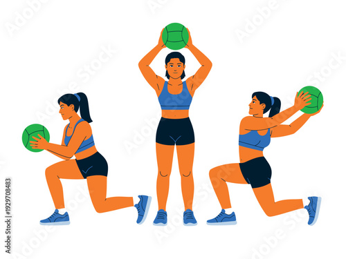 Women exercising with medicine balls in various fitness poses and movements together