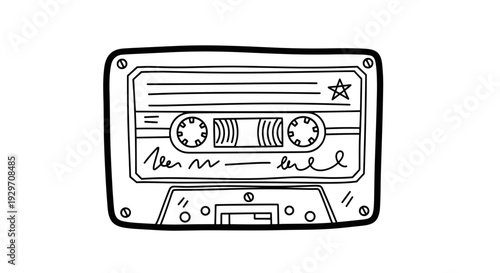 Vintage audio cassette tape drawing in black and white style  