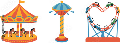 Colorful Amusement Park Rides Vector Illustration Set Featuring Carousel, Swing Ride, and Roller Coaster Cartoon Design for Kids, Entertainment, and Theme Park Projects