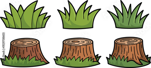 Cartoon Tree Stumps and Grass Tufts Collection Vector Illustration Set Featuring Forest Nature Elements for Game Design, Kids’ Projects, and Outdoor Scenes
