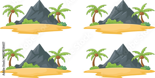 Cartoon Tropical Island Landscape Vector Illustration Set Featuring Palm Trees, Mountains, and Beach Scene for Travel, Vacation, and Kids’ Design Projects