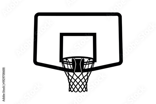 Basketball hoop with net and backboard, sports equipment, athletic icon, black and white