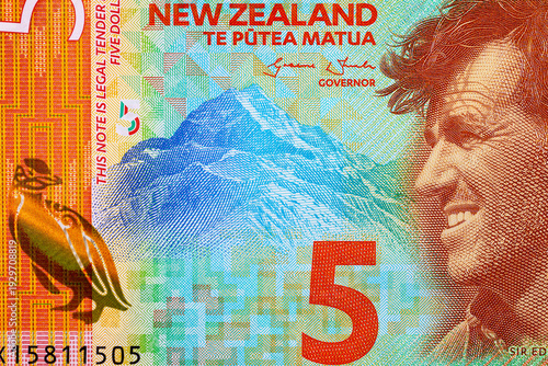 Wallpaper Mural 5 Dollar New Zealand Banknote Featuring Sir Edmund Hillary with Mount Cook in the background. New Polymer Money of New Zealand. Torontodigital.ca