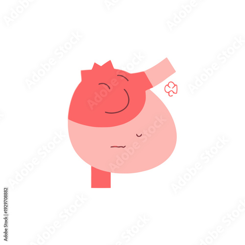 A stylized illustration of a stomach, depicted with closed eyes and rosy cheeks, conveying a sense of contentment or satisfaction