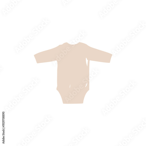 Minimalist illustration of a baby's long-sleeved onesie in a soft, muted beige tone against a clean white background, showcasing simple garment design