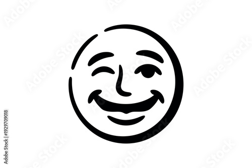Smiling Face Emoticon with Winking Eyes and Black Outline on White Background Illustration