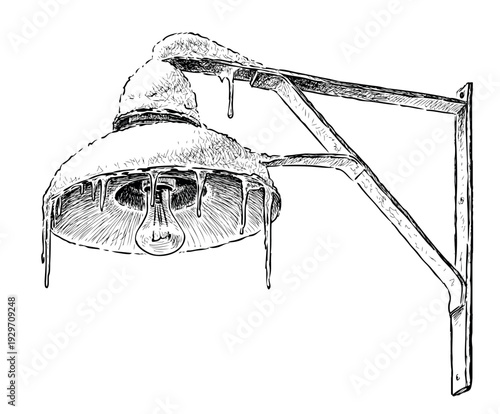 Street light old frozen, realistic sketch, retro lantern, vector hand drawing isolated on white background