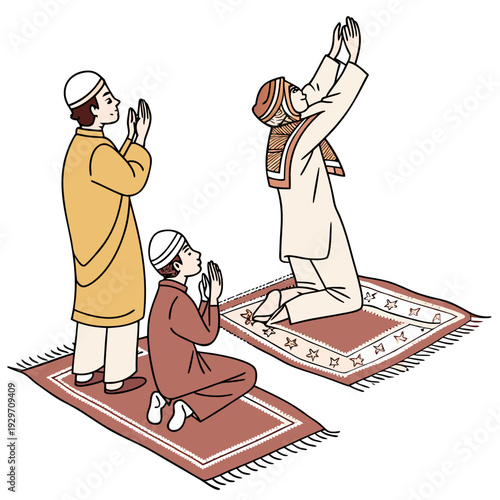 A vector illustration of a hand-drawn doodle of people praying in Islamic style for Ramadan and Eid religious celebrations. 