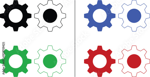 gear and settings icon isolated on white background, vector illustration of cogwheel for engineering, maintenance, and IT systems in colorful solid and outline styles.