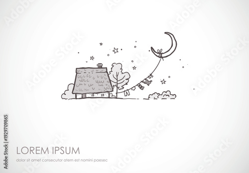 Hand-drawn cozy cottage with laundry clothesline tied to crescent moon. Stars above, whimsical doodle vector illustration for greeting cards, posters and fantasy home decor.