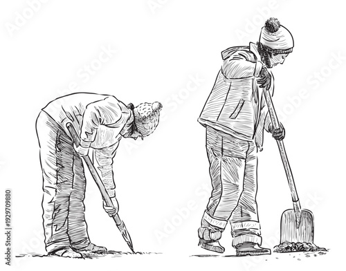 Two gardeners, street cleaners, women janitors at work, realistic sketch, vector hand drawn illustration isolated on white background