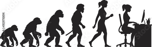 Black silhouettes of female human evolution from monkey to modern woman working at a computer desk isolated on white background