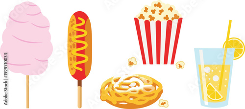 Collection of carnival food items including cotton candy corn dog popcorn and lemonade vector