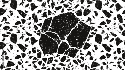 Black terrazzo texture with irregular marble stone fragments on white background pattern