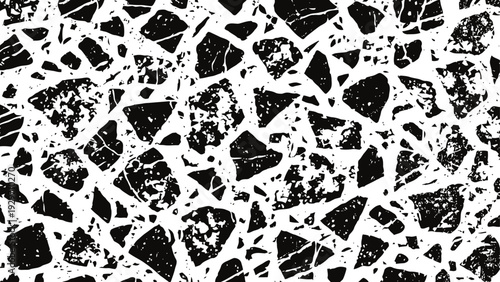 Black and white terrazzo texture background with irregular stone fragments scattered randomly