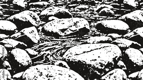 river rocks and water flow glistening under daylight, natural smooth stones in shallow stream