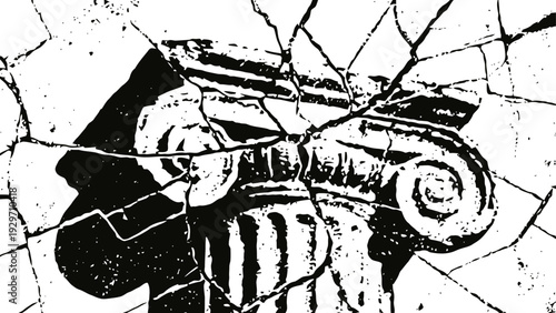 Cracked ancient ionic column capital in black and white vintage illustration