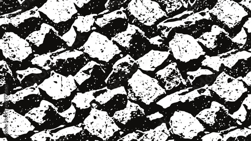 Black and white textured cracked stone pattern background with rough edges and scattered fragments