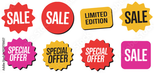 Sale and Promotion Badge Icon Set, Discount Stickers Bundle, Special Offer Limited Edition Labels Pack