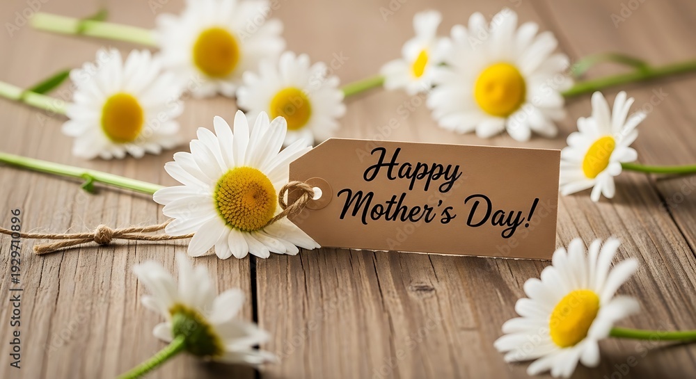 Obraz premium A beautiful arrangement of daisies with a happy mother's day card on a wooden table.