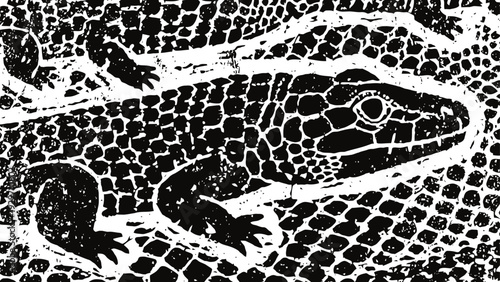 Close up black and white lizard skin texture and reptile pattern with visible scales