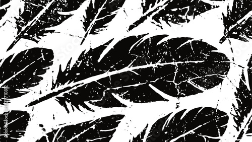 Black and white feather pattern with grunge texture abstract nature background with bird feathers silhouette and distressed overlay