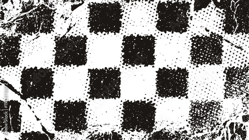 Grunge black and white checkerboard texture with distressed and cracked pattern design