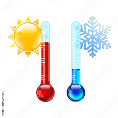 Thermometers for hot and cold temperatures with symbols of the sun and snow. Degrees Celsius and Fahrenheit. Symbols for high and low temperatures. Weather forecast.