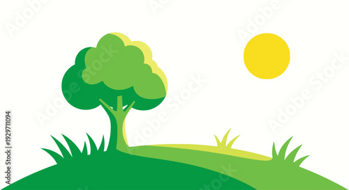 Illustration of a Sunny Landscape: An eye-level illustration showcases a vibrant scene of a stylized tree, sun, and rolling hill, evoking the serenity of a sunny day.