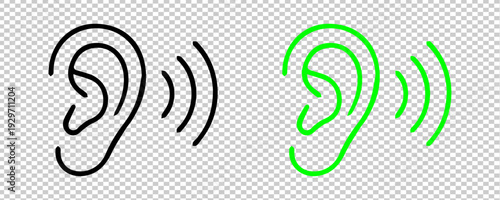 Ear Hearing Sound Wave Icons (Black and Green Outline)