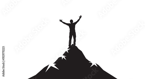 Mountain Top Triumph: A silhouette of a person stands atop a mountain peak, arms raised in triumphant celebration of overcoming challenges. Capturing victory, determination, and the pursuit of goals.