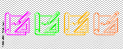Neon Outline Icons of Blueprint, Pencil, and Set Square Set