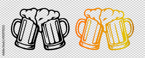 Vector Illustration of Clinking Beer Mugs with Frothy Foam in Outline and Golden Style - Perfect for Celebrations and Pubs