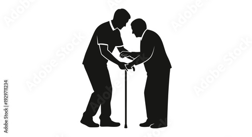 Assistance and Support: An outline silhouette showcases the caring interaction between a younger individual providing support to an older person, emphasizing compassion and helpfulness.